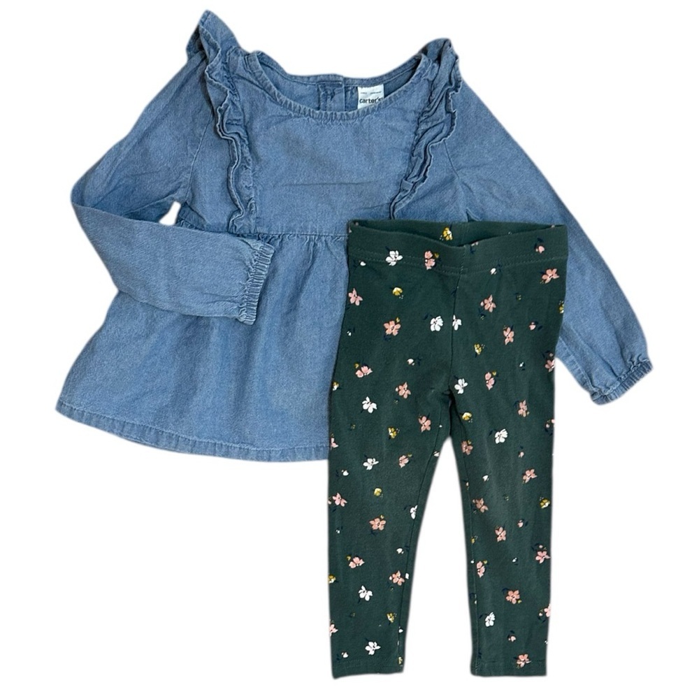 Carter’s 2T Toddler Girl Chambray Blouse & Floral Leggings Outfit Set - Picture 1 of 13